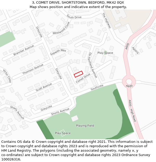 3, COMET DRIVE, SHORTSTOWN, BEDFORD, MK42 0QX: Location map and indicative extent of plot