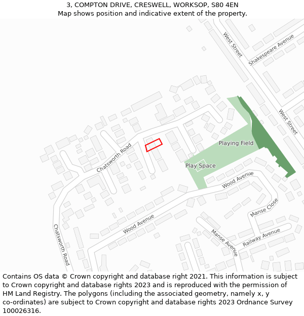 3, COMPTON DRIVE, CRESWELL, WORKSOP, S80 4EN: Location map and indicative extent of plot