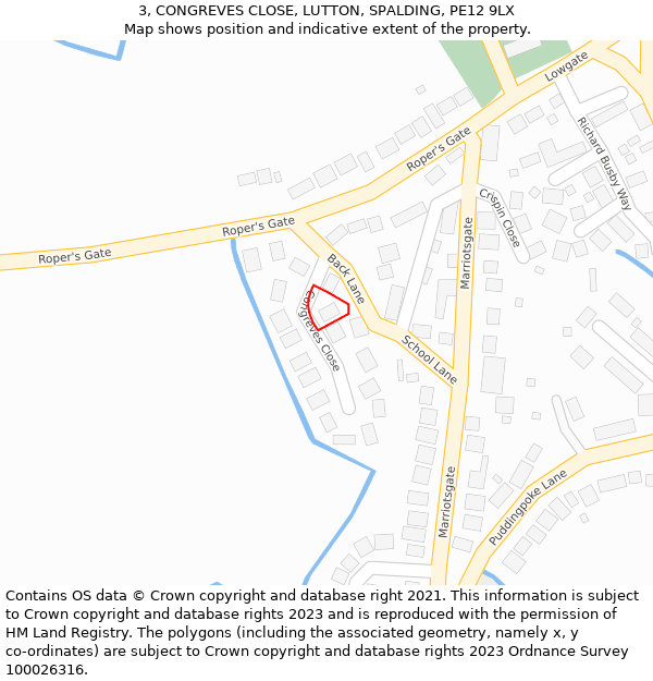 3, CONGREVES CLOSE, LUTTON, SPALDING, PE12 9LX: Location map and indicative extent of plot