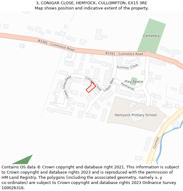 3, CONIGAR CLOSE, HEMYOCK, CULLOMPTON, EX15 3RE: Location map and indicative extent of plot