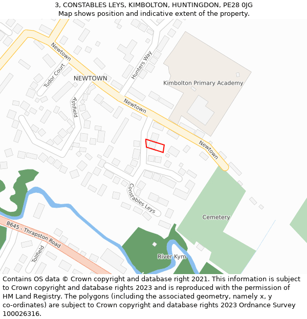 3, CONSTABLES LEYS, KIMBOLTON, HUNTINGDON, PE28 0JG: Location map and indicative extent of plot