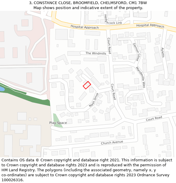 3, CONSTANCE CLOSE, BROOMFIELD, CHELMSFORD, CM1 7BW: Location map and indicative extent of plot