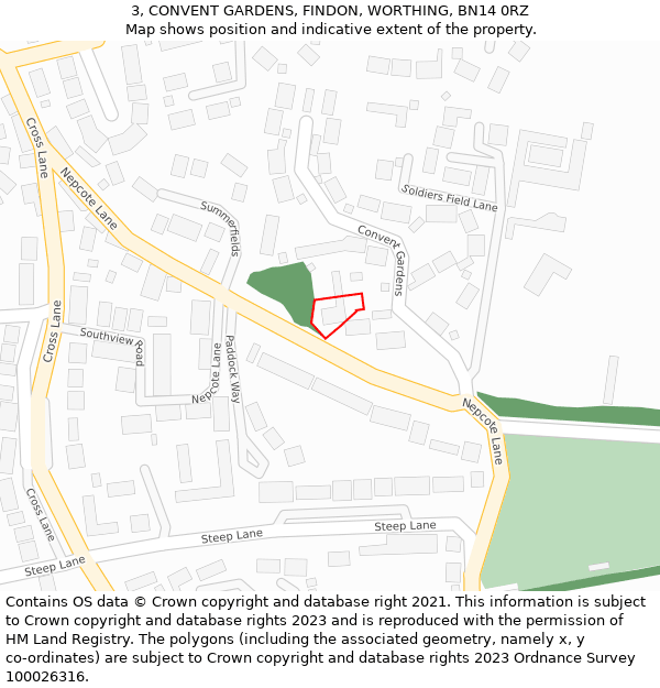 3, CONVENT GARDENS, FINDON, WORTHING, BN14 0RZ: Location map and indicative extent of plot