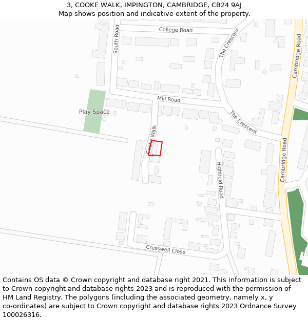 3, COOKE WALK, IMPINGTON, CAMBRIDGE, CB24 9AJ: Location map and indicative extent of plot