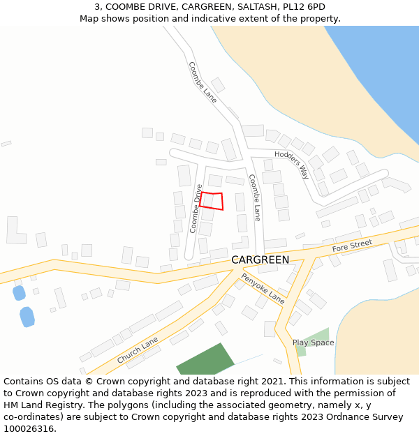 3, COOMBE DRIVE, CARGREEN, SALTASH, PL12 6PD: Location map and indicative extent of plot