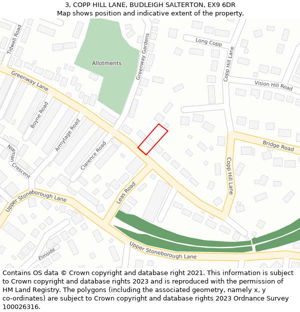 3, COPP HILL LANE, BUDLEIGH SALTERTON, EX9 6DR: Location map and indicative extent of plot