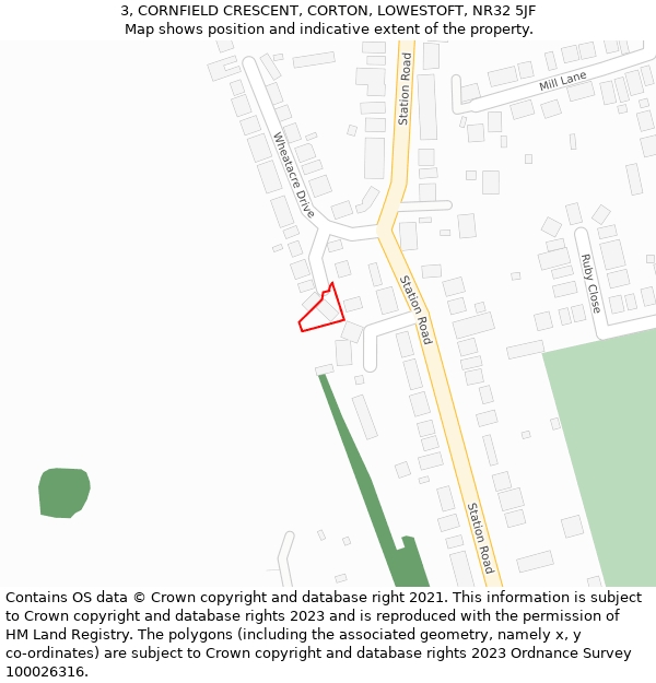 3, CORNFIELD CRESCENT, CORTON, LOWESTOFT, NR32 5JF: Location map and indicative extent of plot