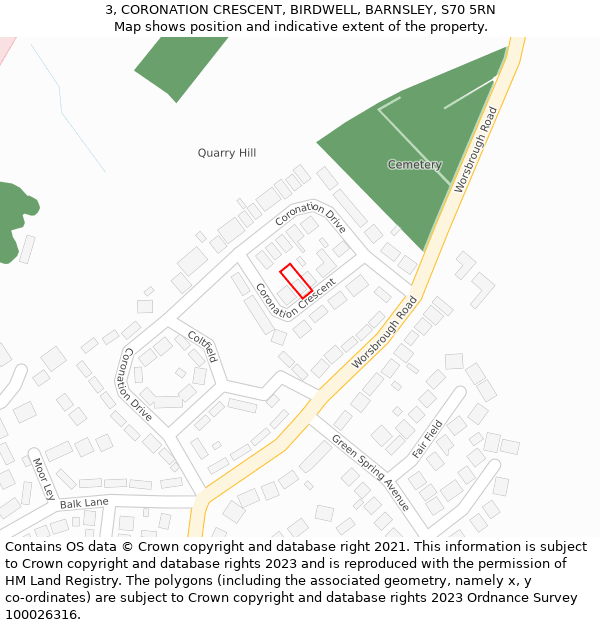 3, CORONATION CRESCENT, BIRDWELL, BARNSLEY, S70 5RN: Location map and indicative extent of plot