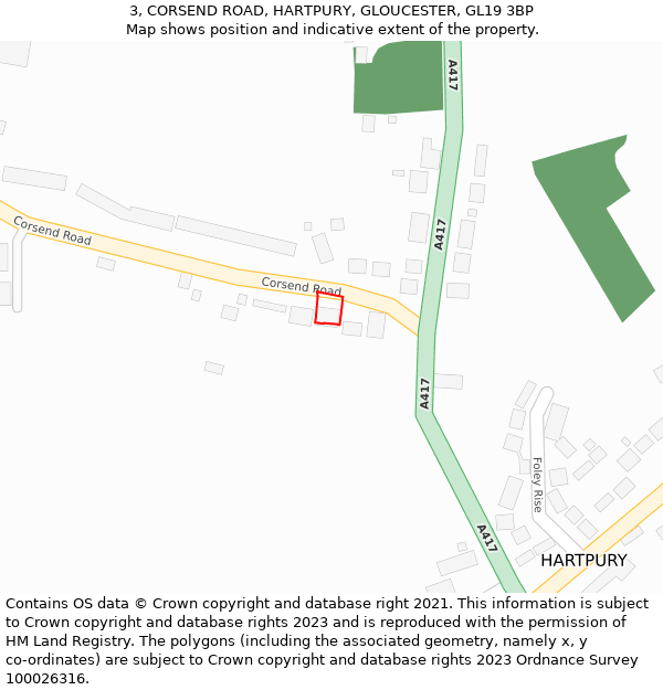 3, CORSEND ROAD, HARTPURY, GLOUCESTER, GL19 3BP: Location map and indicative extent of plot