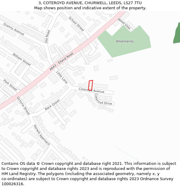 3, COTEROYD AVENUE, CHURWELL, LEEDS, LS27 7TU: Location map and indicative extent of plot