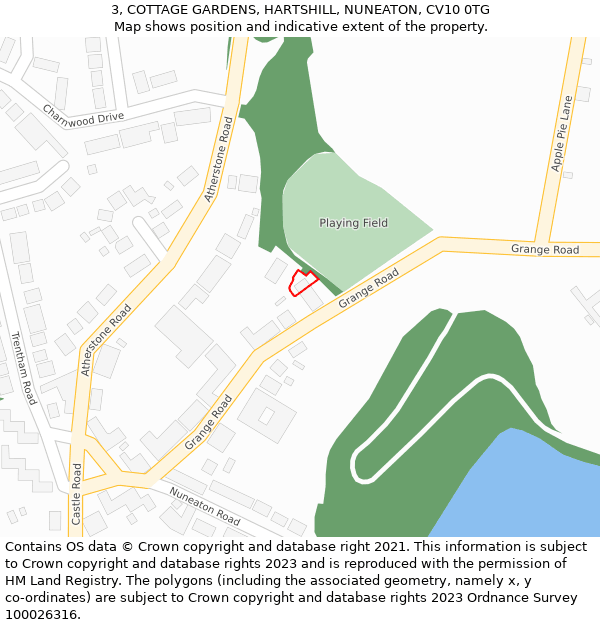 3, COTTAGE GARDENS, HARTSHILL, NUNEATON, CV10 0TG: Location map and indicative extent of plot