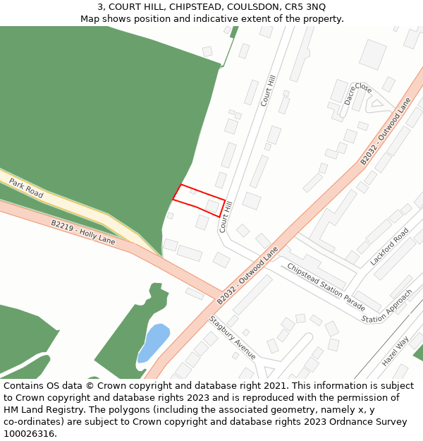 3, COURT HILL, CHIPSTEAD, COULSDON, CR5 3NQ: Location map and indicative extent of plot