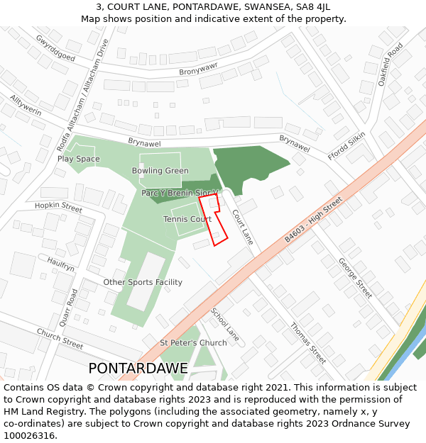 3, COURT LANE, PONTARDAWE, SWANSEA, SA8 4JL: Location map and indicative extent of plot