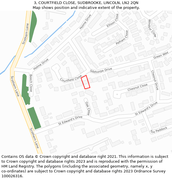 3, COURTFIELD CLOSE, SUDBROOKE, LINCOLN, LN2 2QN: Location map and indicative extent of plot