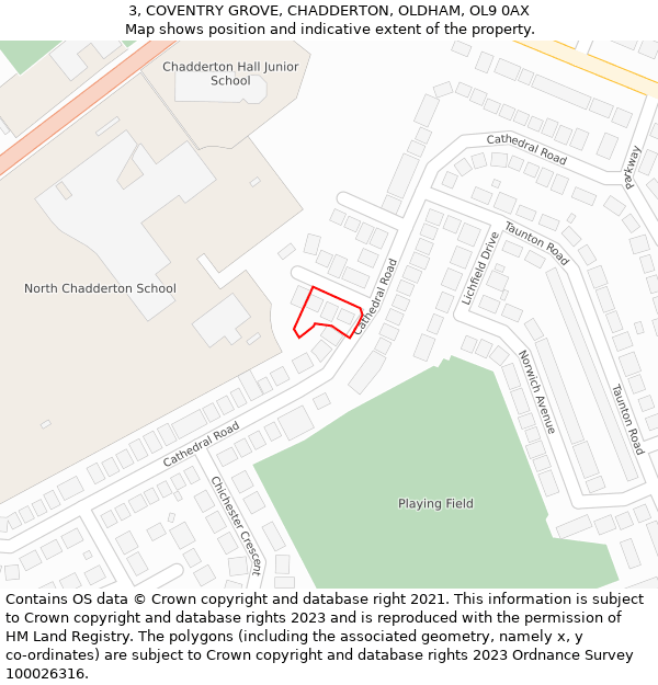 3, COVENTRY GROVE, CHADDERTON, OLDHAM, OL9 0AX: Location map and indicative extent of plot