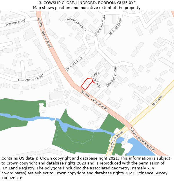 3, COWSLIP CLOSE, LINDFORD, BORDON, GU35 0YF: Location map and indicative extent of plot