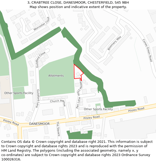 3, CRABTREE CLOSE, DANESMOOR, CHESTERFIELD, S45 9BH: Location map and indicative extent of plot