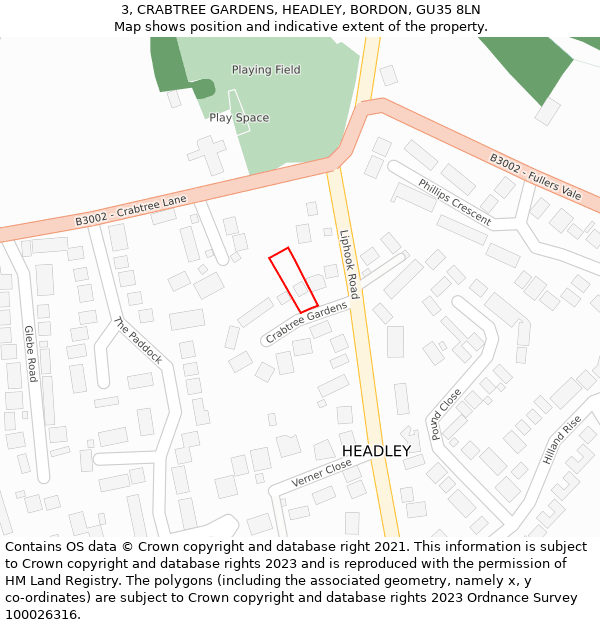 3, CRABTREE GARDENS, HEADLEY, BORDON, GU35 8LN: Location map and indicative extent of plot