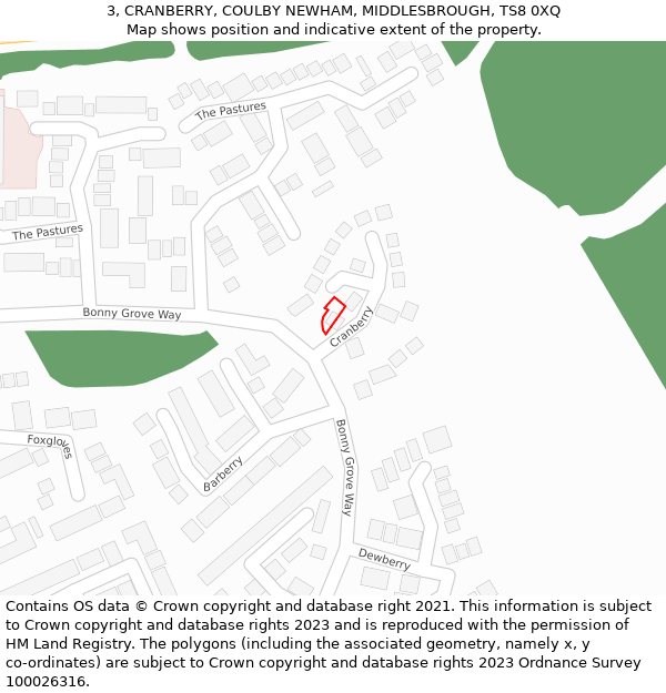 3, CRANBERRY, COULBY NEWHAM, MIDDLESBROUGH, TS8 0XQ: Location map and indicative extent of plot