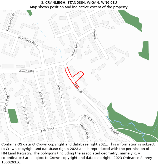 3, CRANLEIGH, STANDISH, WIGAN, WN6 0EU: Location map and indicative extent of plot