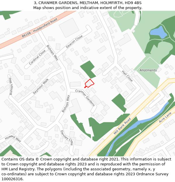 3, CRANMER GARDENS, MELTHAM, HOLMFIRTH, HD9 4BS: Location map and indicative extent of plot