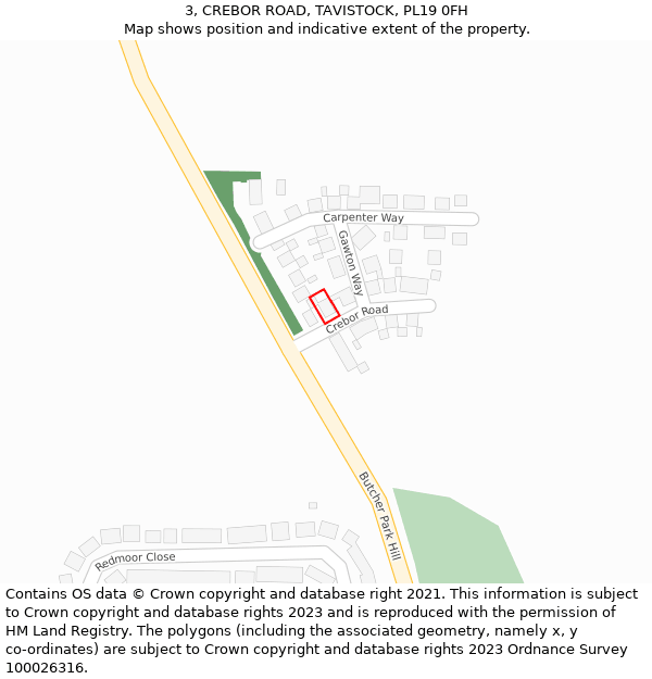 3, CREBOR ROAD, TAVISTOCK, PL19 0FH: Location map and indicative extent of plot