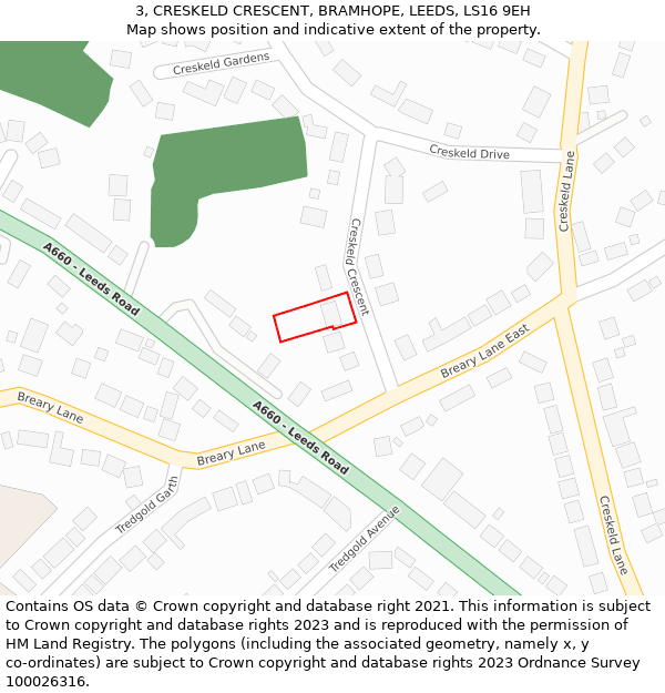 3, CRESKELD CRESCENT, BRAMHOPE, LEEDS, LS16 9EH: Location map and indicative extent of plot