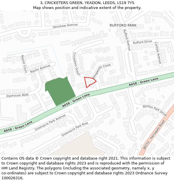 3, CRICKETERS GREEN, YEADON, LEEDS, LS19 7YS: Location map and indicative extent of plot