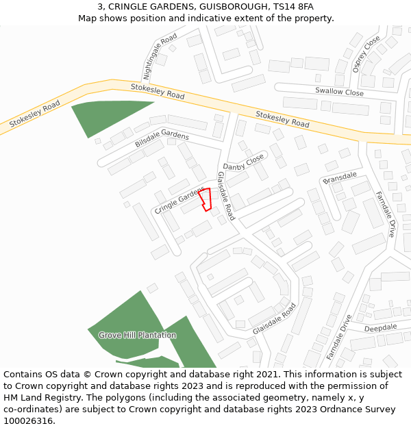 3, CRINGLE GARDENS, GUISBOROUGH, TS14 8FA: Location map and indicative extent of plot