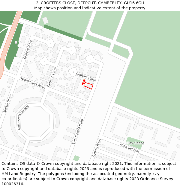 3, CROFTERS CLOSE, DEEPCUT, CAMBERLEY, GU16 6GH: Location map and indicative extent of plot