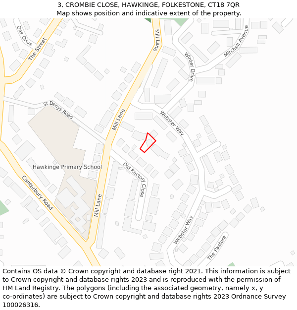 3, CROMBIE CLOSE, HAWKINGE, FOLKESTONE, CT18 7QR: Location map and indicative extent of plot