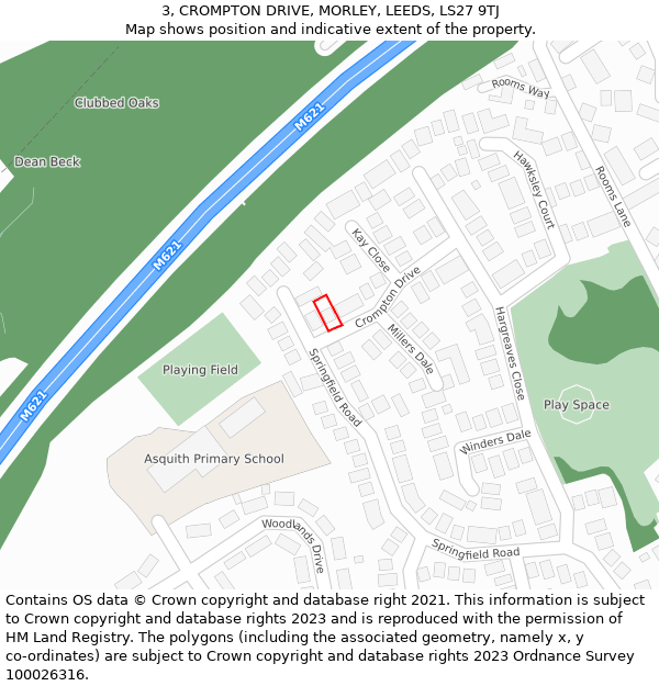 3, CROMPTON DRIVE, MORLEY, LEEDS, LS27 9TJ: Location map and indicative extent of plot
