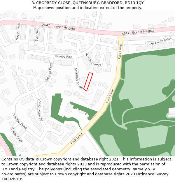 3, CROPREDY CLOSE, QUEENSBURY, BRADFORD, BD13 1QY: Location map and indicative extent of plot