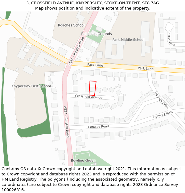 3, CROSSFIELD AVENUE, KNYPERSLEY, STOKE-ON-TRENT, ST8 7AG: Location map and indicative extent of plot