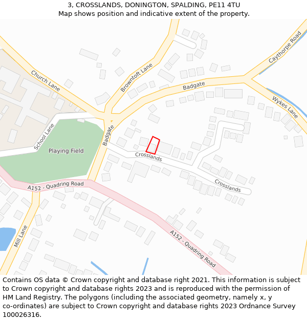 3, CROSSLANDS, DONINGTON, SPALDING, PE11 4TU: Location map and indicative extent of plot