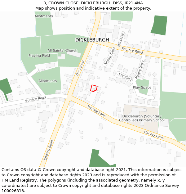 3, CROWN CLOSE, DICKLEBURGH, DISS, IP21 4NA: Location map and indicative extent of plot