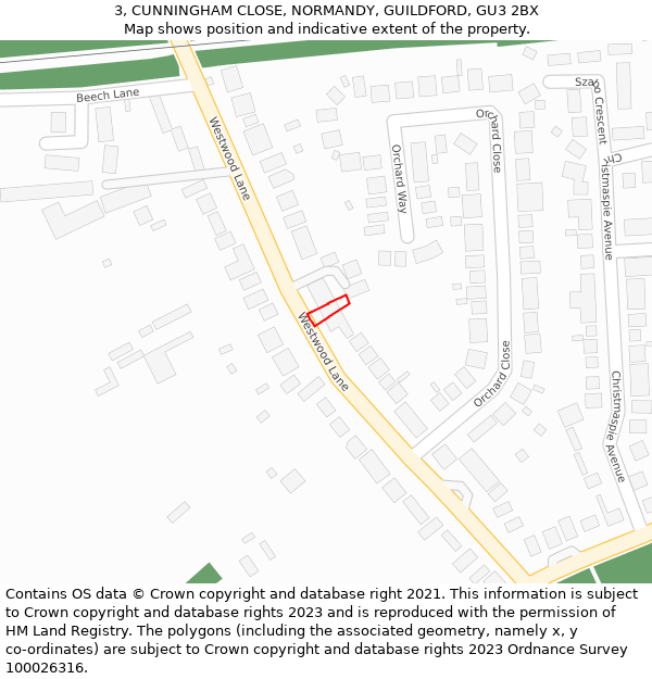 3, CUNNINGHAM CLOSE, NORMANDY, GUILDFORD, GU3 2BX: Location map and indicative extent of plot