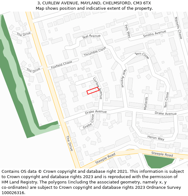 3, CURLEW AVENUE, MAYLAND, CHELMSFORD, CM3 6TX: Location map and indicative extent of plot