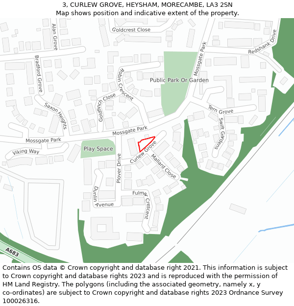 3, CURLEW GROVE, HEYSHAM, MORECAMBE, LA3 2SN: Location map and indicative extent of plot