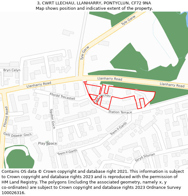 3, CWRT LLECHAU, LLANHARRY, PONTYCLUN, CF72 9NA: Location map and indicative extent of plot