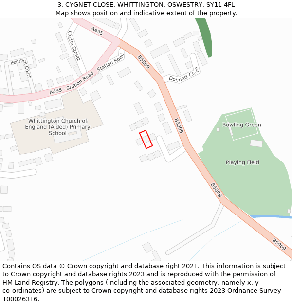 3, CYGNET CLOSE, WHITTINGTON, OSWESTRY, SY11 4FL: Location map and indicative extent of plot