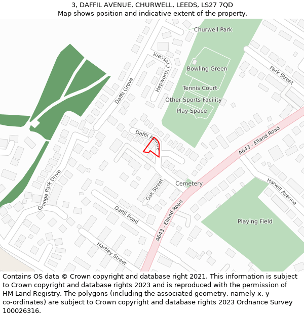 3, DAFFIL AVENUE, CHURWELL, LEEDS, LS27 7QD: Location map and indicative extent of plot