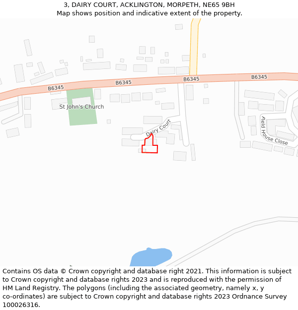 3, DAIRY COURT, ACKLINGTON, MORPETH, NE65 9BH: Location map and indicative extent of plot