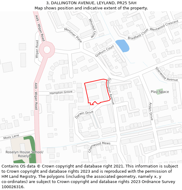 3, DALLINGTON AVENUE, LEYLAND, PR25 5AH: Location map and indicative extent of plot