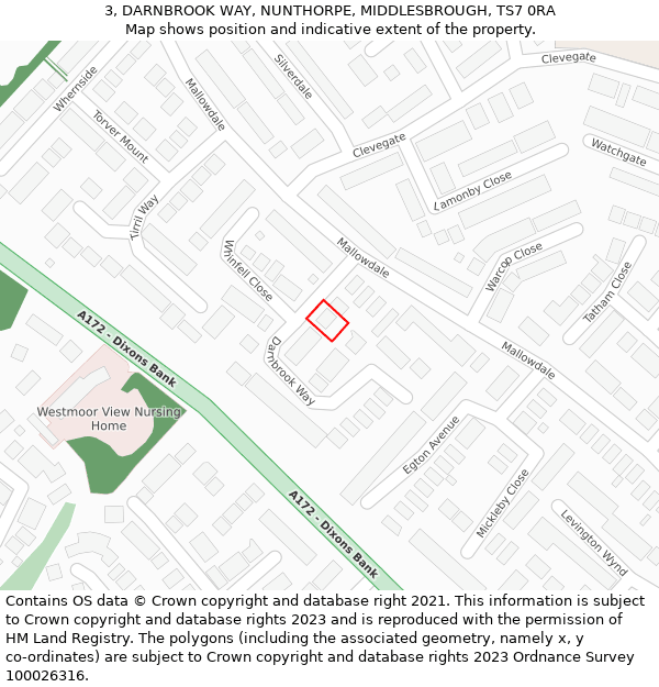 3, DARNBROOK WAY, NUNTHORPE, MIDDLESBROUGH, TS7 0RA: Location map and indicative extent of plot