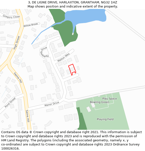 3, DE LIGNE DRIVE, HARLAXTON, GRANTHAM, NG32 1HZ: Location map and indicative extent of plot