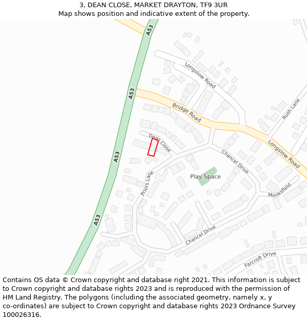 3, DEAN CLOSE, MARKET DRAYTON, TF9 3UR: Location map and indicative extent of plot