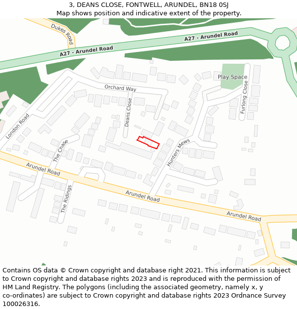 3, DEANS CLOSE, FONTWELL, ARUNDEL, BN18 0SJ: Location map and indicative extent of plot