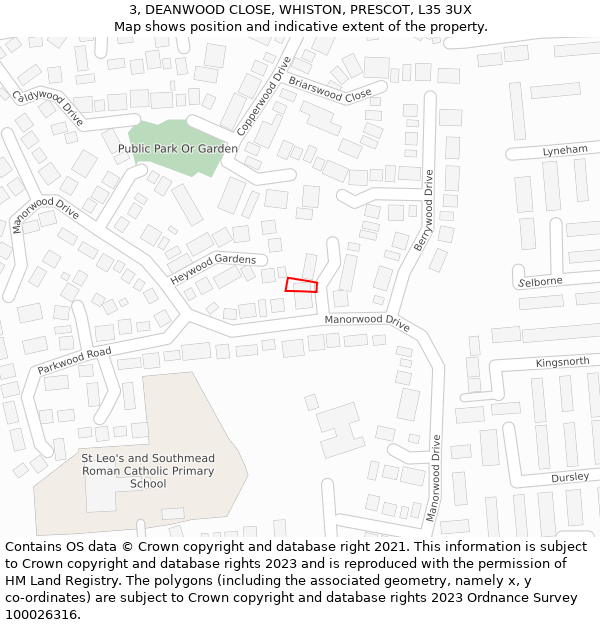 3, DEANWOOD CLOSE, WHISTON, PRESCOT, L35 3UX: Location map and indicative extent of plot