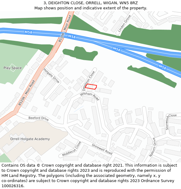 3, DEIGHTON CLOSE, ORRELL, WIGAN, WN5 8RZ: Location map and indicative extent of plot